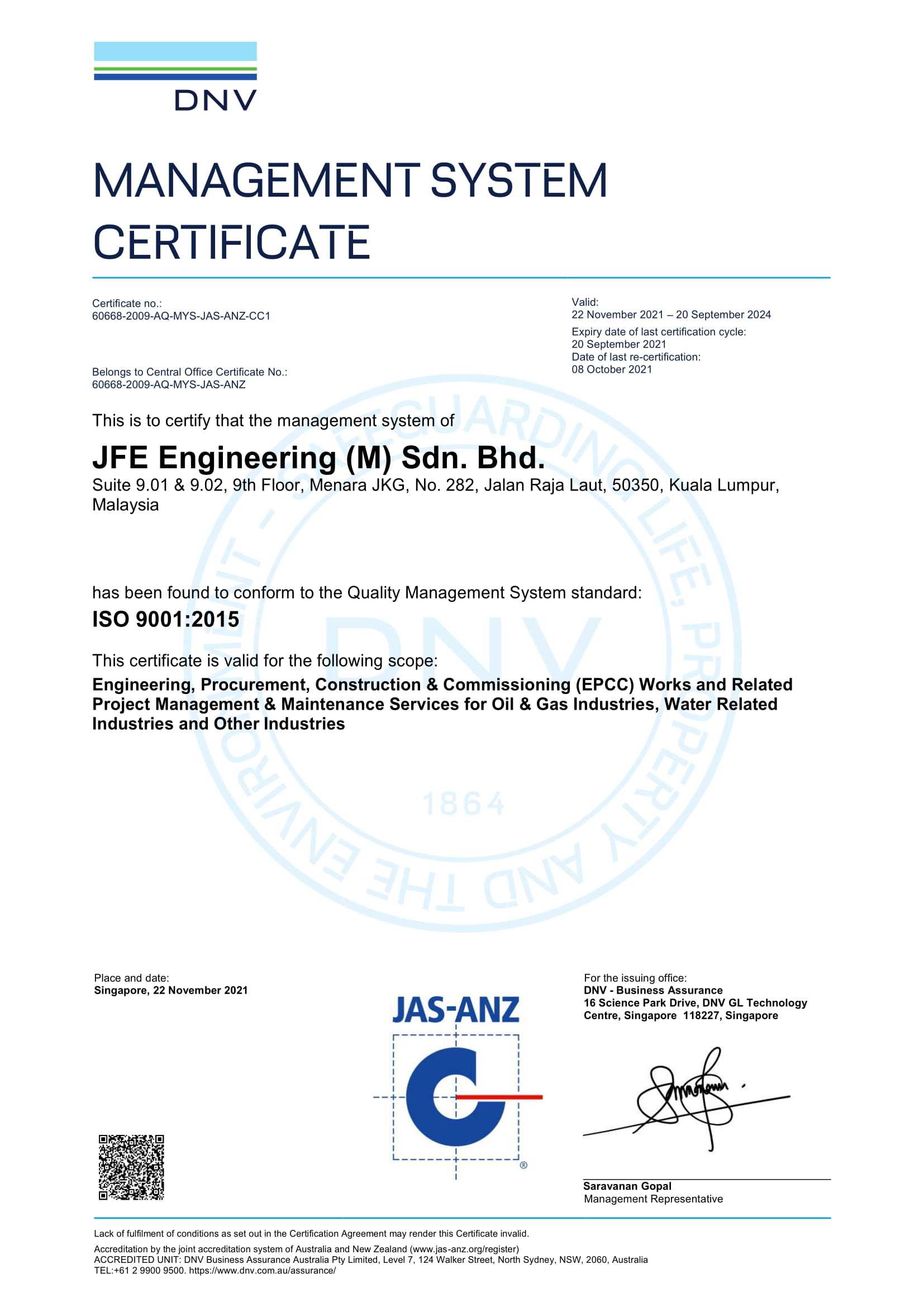 ISO 9001:2015 JFE Engineering (M) Sdn Bhd